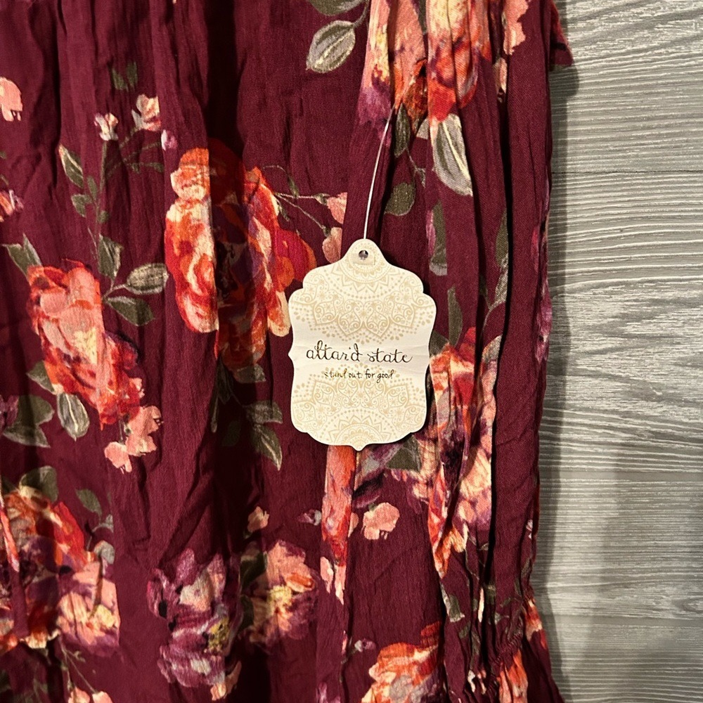 Altard State Burgundy Floral‎ Ruffle Lace Sleeve Tunic Dress Size L - Picture 2 of 8